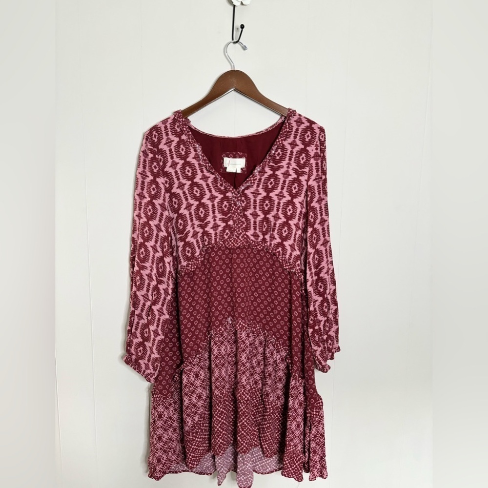 By Anthropolgie tiered v neck mini dress long sleeve size L red/pink - Picture 1 of 4